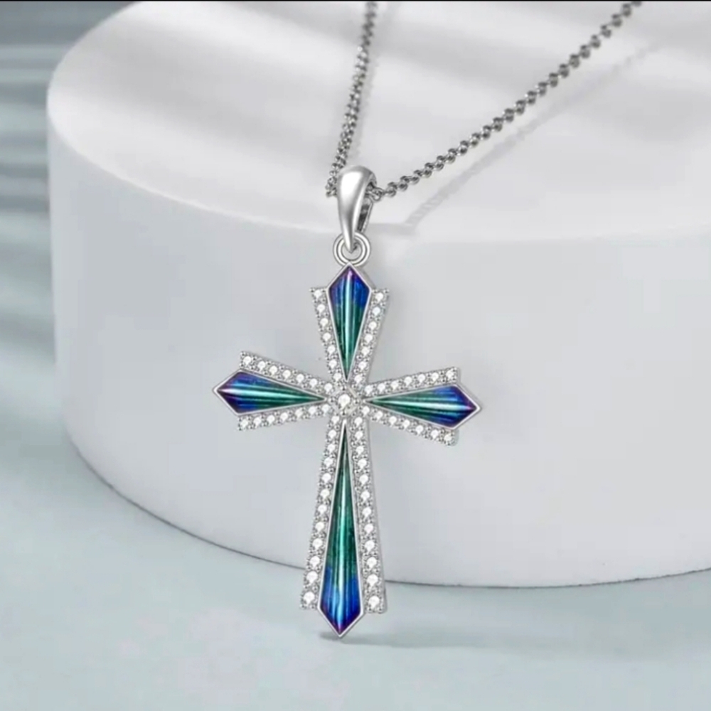 Elegant Silver and Blue Cross Pendant Necklace